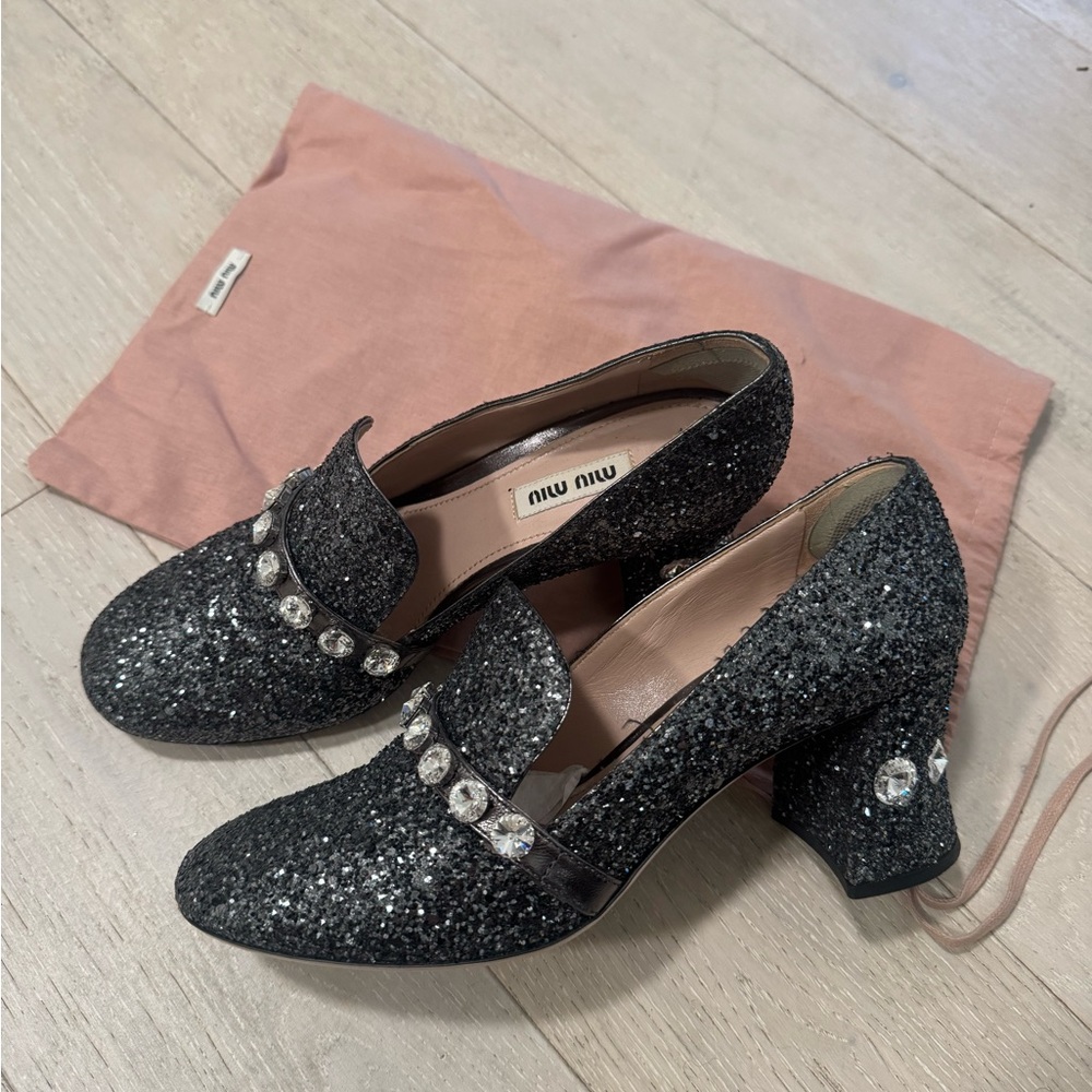 Miu Miu Black Glitter Heels with Crystal Embellishments